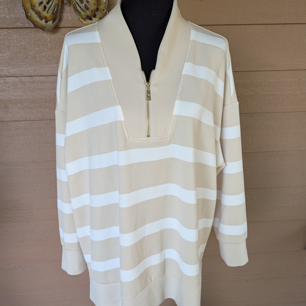 Belle by Kim Gravel ScubaLuxe Cream and White Striped 1/2 Zip Pullover